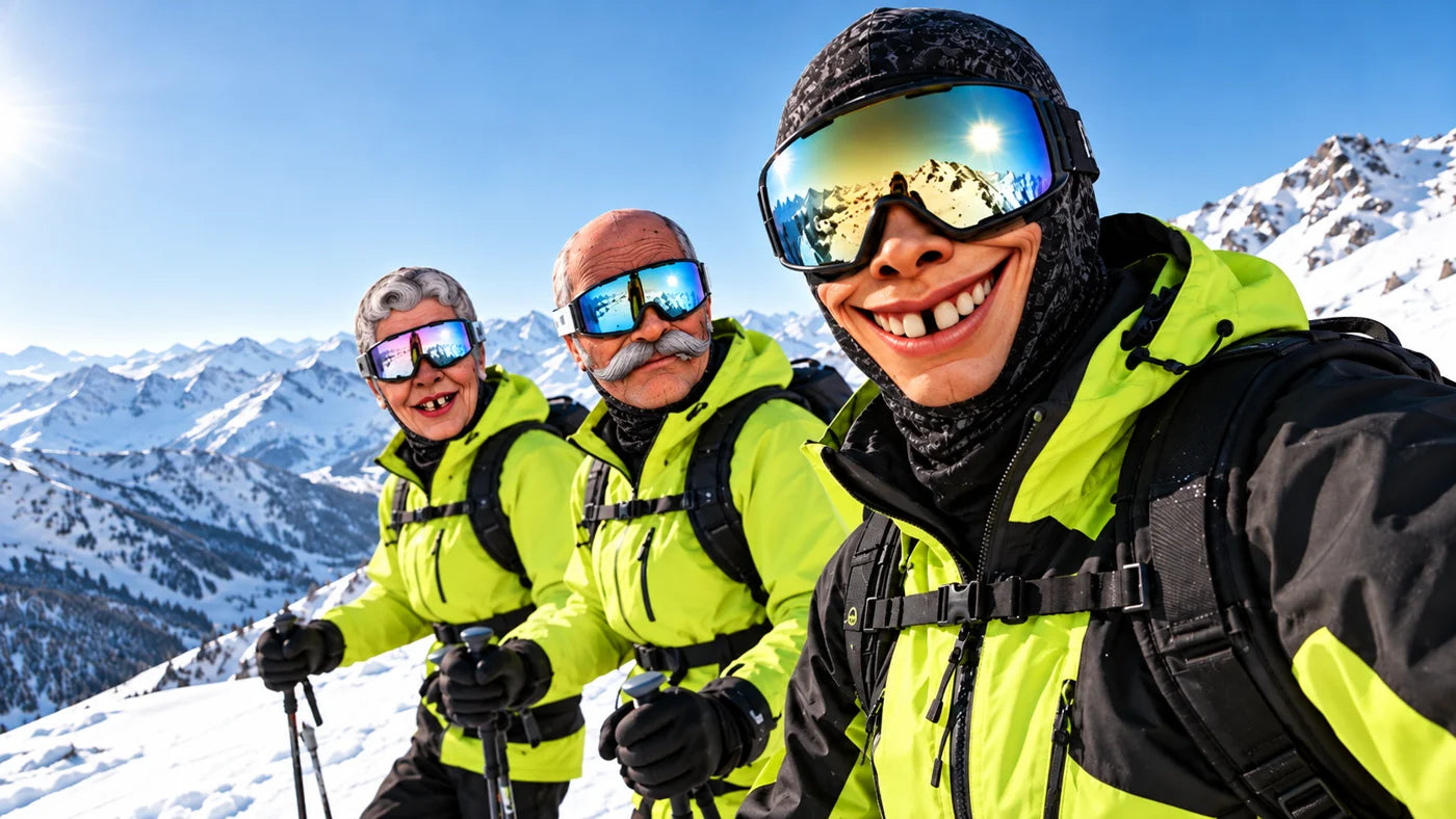 Trois amis portant des cagoules humoristiques Frosty Gang sur une piste enneigée