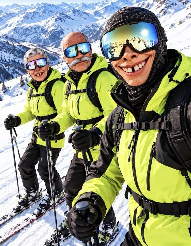 Skieurs portant les cagoules à visages amusants Frosty Gang